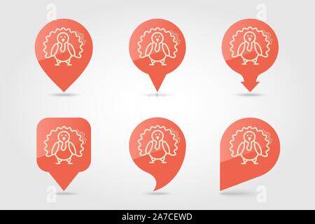 Turkey pin map icon. Harvest map pointer. Thanksgiving map markers. Vector illustration for apps and websites Stock Vector