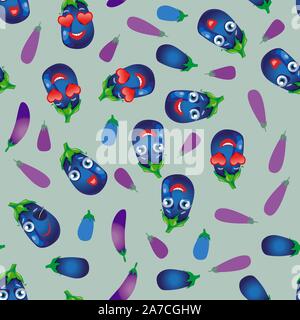 Seamless pattern vegetable eggplant. Funny cute faces character Stock Vector