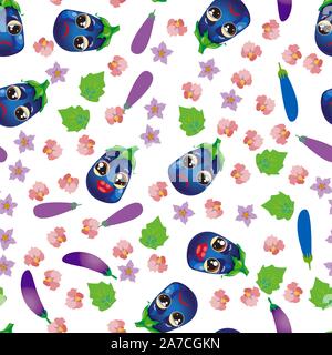 Seamless pattern vegetable eggplant. Funny cute faces character Stock Vector