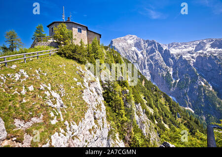 Eagle's Nest or Kehlsteinhaus hideout on the rock above Alpine landscape, Berchtesgadener Land, Bavaria, Germany Stock Photo