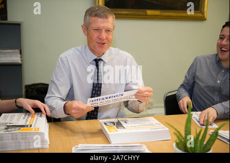 Edinburgh, 30 October 2019. Pictured: Willie Rennie MSP - Leader of the Scottish Liberal Democrat Party. Willie Rennie is at Party Headquarters this morning for a photo op to launch their election campaign.  The UK Prime Minister, Boris Johnson called a snap general election on 12th December, and the Scottish Liberal Democrats along with the UK Liberal Democrats are looking to take over and stop Brexit. Credit: Colin Fisher/Alamy Live News Stock Photo