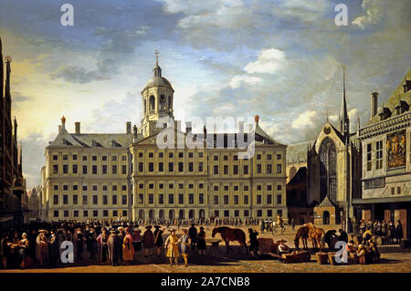 The Town Hall on Dam Square, Amsterdam, 1672  by Gerrit Adriaensz. Berckheyde 1638-1698 ,  The Netherlands, Dutch, Holland.  (The Amsterdam Town Hall (now the Royal Palace) on Dam Square counts as the most important historical and cultural monument of the Dutch Golden Age. The building symbolizes the tremendous growth and development that the city experienced during the 17th century. Gerrit Berckheyde here portrayed the Town Hall in all its glory, while simultaneously conveying the hustle and bustle of the city’s main square.) Stock Photo