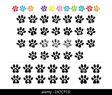 Vector black footprints alphabet. Font typography with animal paw prints. Alphabet with pet foot prints. Stock Vector