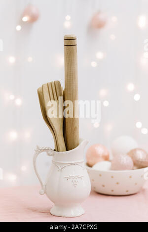 White modern kitchen props, scandinavian style decorated for Christmas with xmas ginger cookies Stock Photo