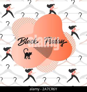 Seamless pattern with hangers, girls, inscription Black Friday. Sale background. Price reduction advert. Purchase. Discount promo layout. Advertising. Stock Vector