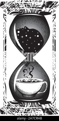 Vintage hourglass, cup of hot coffee and human head silhouette, awakeness concept. Stock Vector