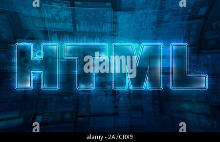HTML text in neon style placed in technological advanced and futuristic background. Stock Photo