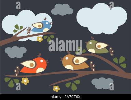 Birds sitting on tree branches. Vector Illustration. Cloudy Night Stock Vector