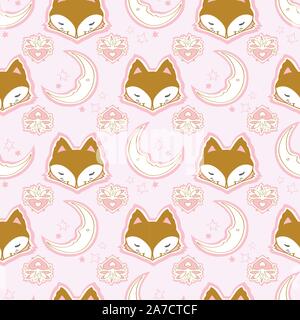 Cute winter fox seamless pattern, wolf hand drawn forest autumn background with stripe, mushroom, folk art vector illustration Stock Vector
