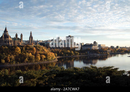 Ottawa skyline at sunset in fall along the water Stock Photo