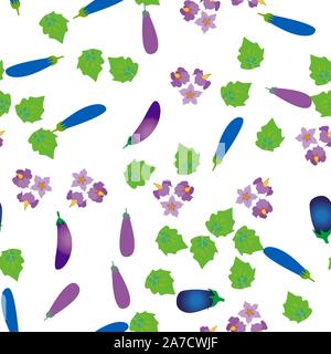 Seamless pattern vegetable eggplant with flowers and leaves Stock Vector