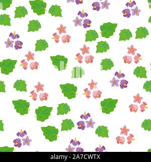 Cute seamless pattern with cartoon flowers and leaves of eggplant Stock Vector
