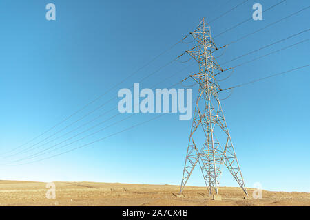 Metal structure in the form of a tower for the transport of electricity from the generating source to the different destinations, using high voltage Stock Photo