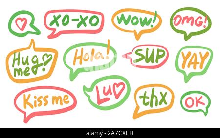 Set of different shape colorful speech bubbles with text isolated for posters design, stickers, vector illustration. Stock Vector