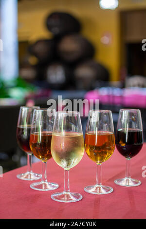 Sherry wine tasting, selection of different jerez fortified wines in glasses from dry to very sweet, Jerez de la Frontera, Andalusia, Spain Stock Photo