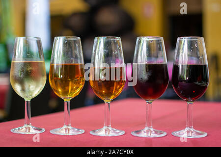 Sherry wine tasting, selection of different jerez fortified wines in glasses from dry to very sweet, Jerez de la Frontera, Andalusia, Spain Stock Photo