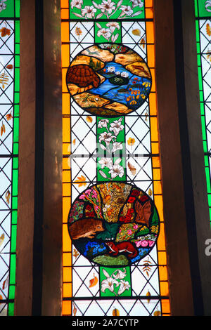 Detail of the Gilbert White memorial window, in the south aisle of St. Mary's Church, Selborne, Hampshire Stock Photo