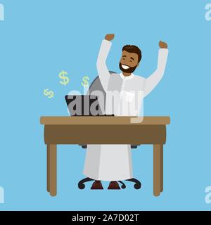 Arabic businessman working on laptop,success concept, cartoon vector illustration Stock Vector