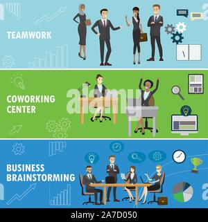 Set business banner. Teamwork,coworking and group brainstorming. Business people in different situations.Cartoon Vector illustration Stock Vector