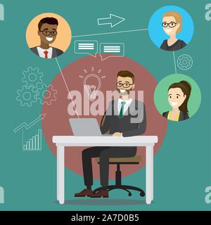 Concept layout on business conference call. Online meeting or discussion using web applications. Businessman chatting with colleagues using computer,C Stock Vector