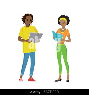 Young happy african american man and woman read books,isolated on white background,cartoon vector illustration Stock Vector