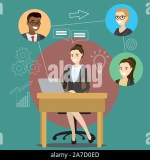 Concept layout on business conference call. Online meeting or discussion using web applications. Business woman chatting with colleagues using compute Stock Vector