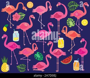Vector Collection of Flamingos, Tropical Leaves, Fruit and Summery Drinks Stock Vector