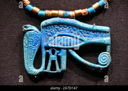 Tutankhamun tomb treasures; Blue faience inscribed headrest from the ...