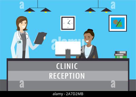 Young african american woman sitting at clinic reception desk and smile caucasian woman doctor. cartoon flat vector illustration Stock Vector