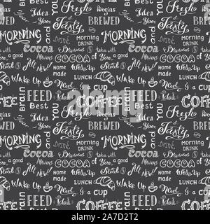 Coffee seamless pattern on dark background, hand drawn lettering and sign , vector illustration. Stock Vector