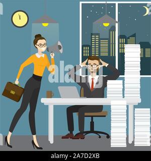 Business woman boss screams into a megaphone by a tired office worker man,Business stress. Flat style cartoon vector illustration Stock Vector