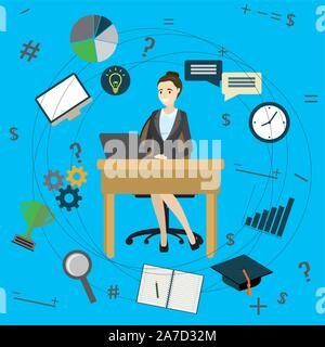 Business idea concept,cartoon business woman and business objects, vector illustration Stock Vector