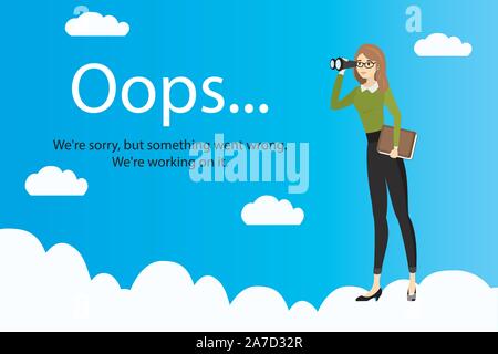 Oops error page and Business woman with binoculars on clouds,stock cartoon vector illustration Stock Vector