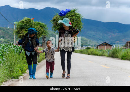 A family of farmers walks back home after a day of work, Lige, Lugu Lake, Yunnan, China Stock Photo