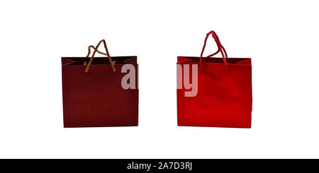Set of gift bags isolated on white background, red and brown. Stock Photo