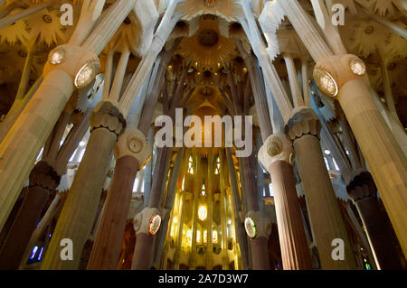 Looking towards the altar of La Sagrada Familia in Barcelona, Spain Stock Photo