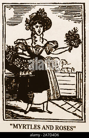 18th Century woodcuts featuring street sellers,entertainers and  'criers' -  A fresh flower and herb seller . Her street cry was 'Myrtle & Roses'. Stock Photo