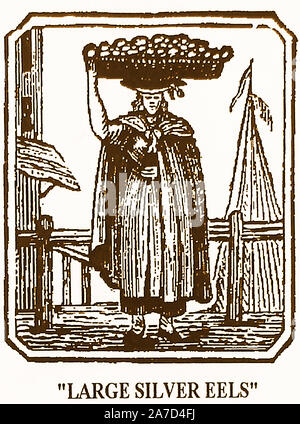 18th Century woodcuts featuring street sellers,entertainers and  'criers' - An eel catcher and seller. Many rivers,especially around London were lined with basketwork eel traps. Stock Photo