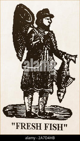 18th Century woodcuts featuring street sellers,entertainers and  'criers' -  Fresh fish seller . His cry was simply 'Fresh Fish', much of the fish he sold was poached Stock Photo