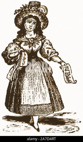 18th Century woodcuts featuring street sellers,entertainers and  'criers' -  A 'Long Song Woman' who sang and sold sheet music on the streets Stock Photo