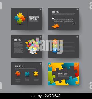 Vector Template for presentation slides with puzzle pieces and colorful elements - dark version Stock Vector