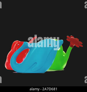 Colorful plastic watering cans on display in the supermarket. Recycling of plastic items. Stock Photo