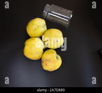 Ingredients for making apple quince jam on black backround Stock Photo