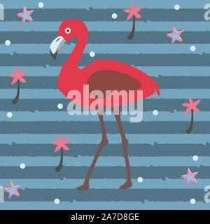 Cute Pink Flamingo with Palms and Stars on a Blue Background with Stripes. Summer Collection. Vector Illustration. Stock Vector