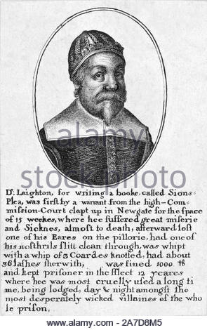 Alexander Leighton portrait, 1570 – 1649, was a Scottish medical doctor and puritan preacher known for his 1630 pamphlet that attacked the Anglican church and which led to his torture by King Charles I, etching by Bohemian etcher Wenceslaus Hollar from 1600s Stock Photo