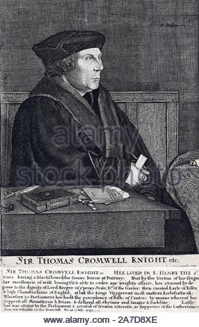 Sir Thomas Cromwell portrait, 1st Earl of Essex, 1485 –  1540, was an English lawyer and statesman who served as chief minister to King Henry VIII of England from 1532 to 1540, when he was beheaded on orders of the king,  etching by Bohemian etcher Wenceslaus Hollar from 1600s Stock Photo