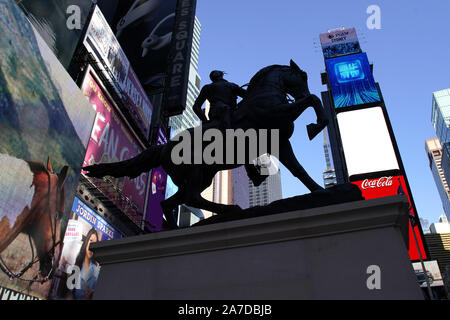 New York, USA. 01st Nov, 2019. The Rumors of War Statue by Kehinde Wiley is on display in Times Square on Friday, November 1, 2019 in New York City. Photo by John Angelillo/UPI Credit: UPI/Alamy Live News Stock Photo