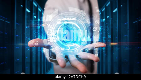 Man holding hologram projection displaying biometric security concept Stock Photo