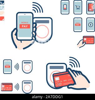 This is an illustration of paying with a smartphone and card over a card reader. It's vector art so it's easy to edit. Stock Vector