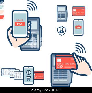 This is an illustration of paying a smartphone and a card over a credit card reader. It's vector art so it's easy to edit. Stock Vector